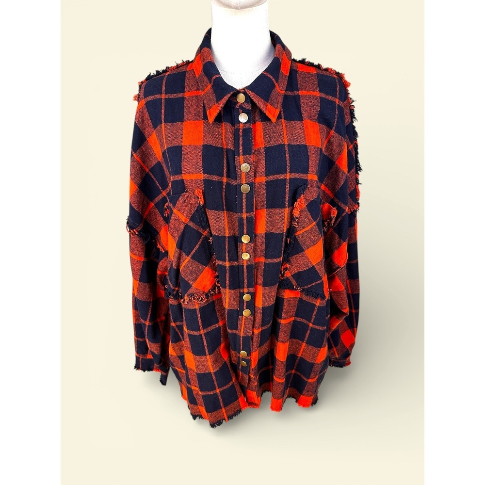 Oli & Hali NWOT Orange Navy Plaid Frayed Shacket‎ Oversized Button Down Top S M